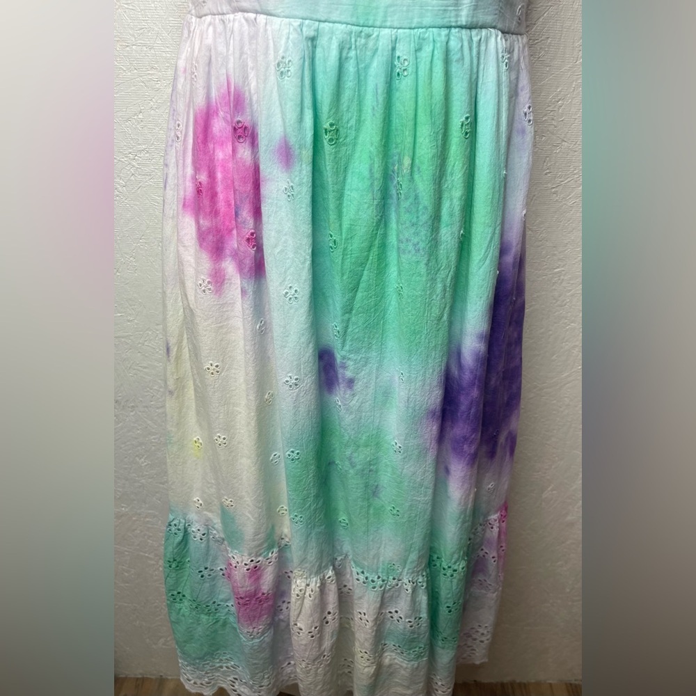 Pastel Tie Dye Eyelet Sundress Boho Coastal Cottagecore Midi Summer Vacation Lg - Picture 6 of 12